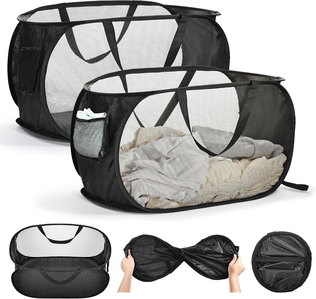 Wasmand 2 kamers 75 liter - Opvouwbaar - Ademend mesh materiaal - Ideaal voor thuis en onderweg - SnelShoppen