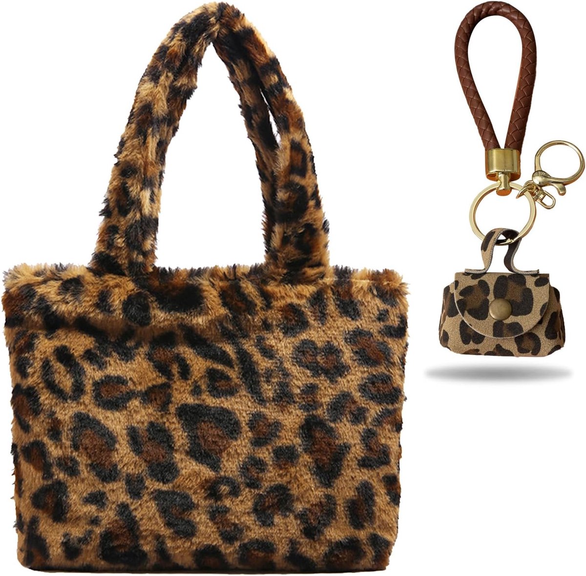 Tote tas met luipaardprint - zachte pluche - trendy handtas met sleutelhanger - perfect voor casual uitjes - SnelShoppen