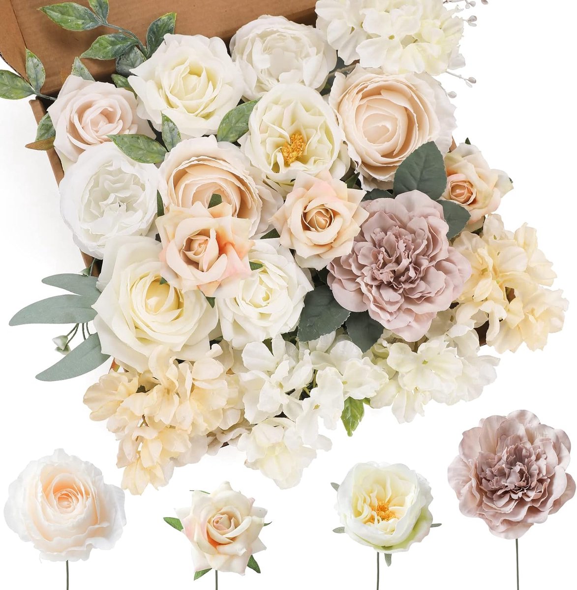 Kunstbloemen set wit - Silk bloemen mix - Dahlia en rozen - Perfect voor trouwboeketten - SnelShoppen
