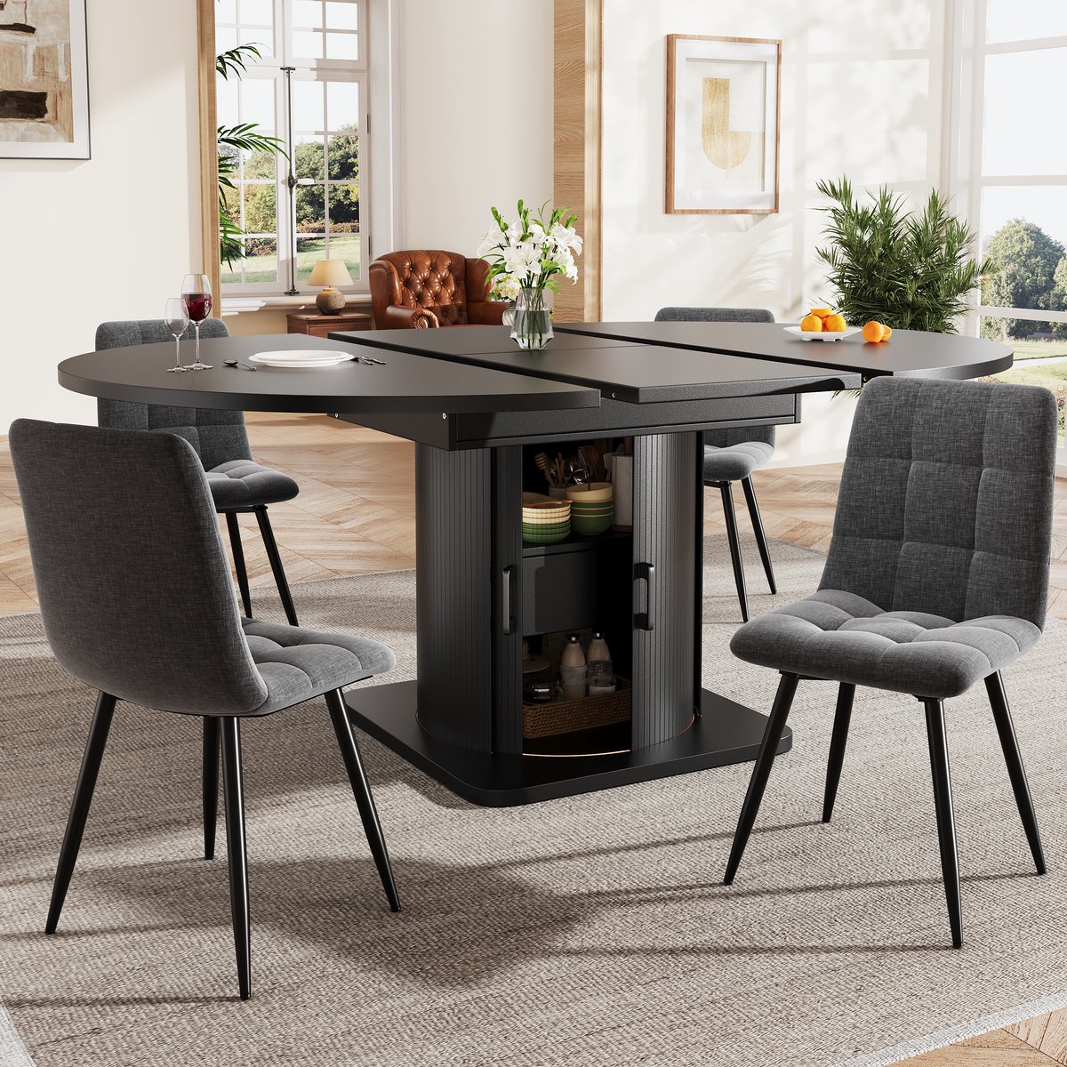 DESMIU Set Tafel En Stoelen - Uitschuifbare Eettafel - 5-Delig Met 4 Stoelen En Opbergruimte - Voor Eetkamer En Keuken - Metaal - Zwart
