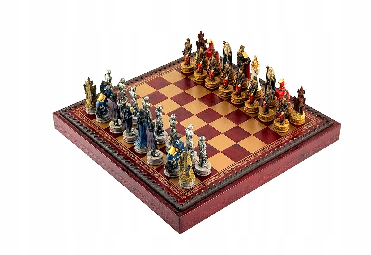 Luxe Italiaans koning Arthur-schaakspel met eco-lederen plaat 35 cm