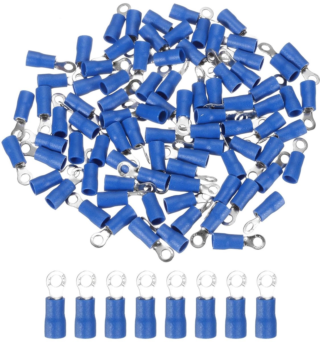 RV2-3 geïsoleerde ringen, 100 stuks, elektrische draadverbinders, kabelklemmen, krimpverbinderset, 17-14 AWG, voor elektrische projecten, industrie, chemische industrie, blauw