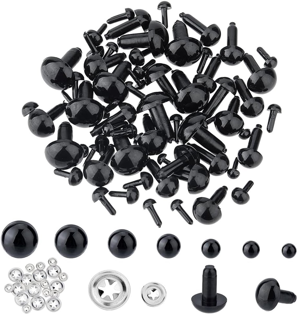 100 stuks pluche gehaakte dierenogen, plastic poppenogen met ijzeren ringen, 7 maten, knutselogen, zwarte veiligheidsogen voor zachte pluche, gehaakte dierenknuffels, knutselwerk,