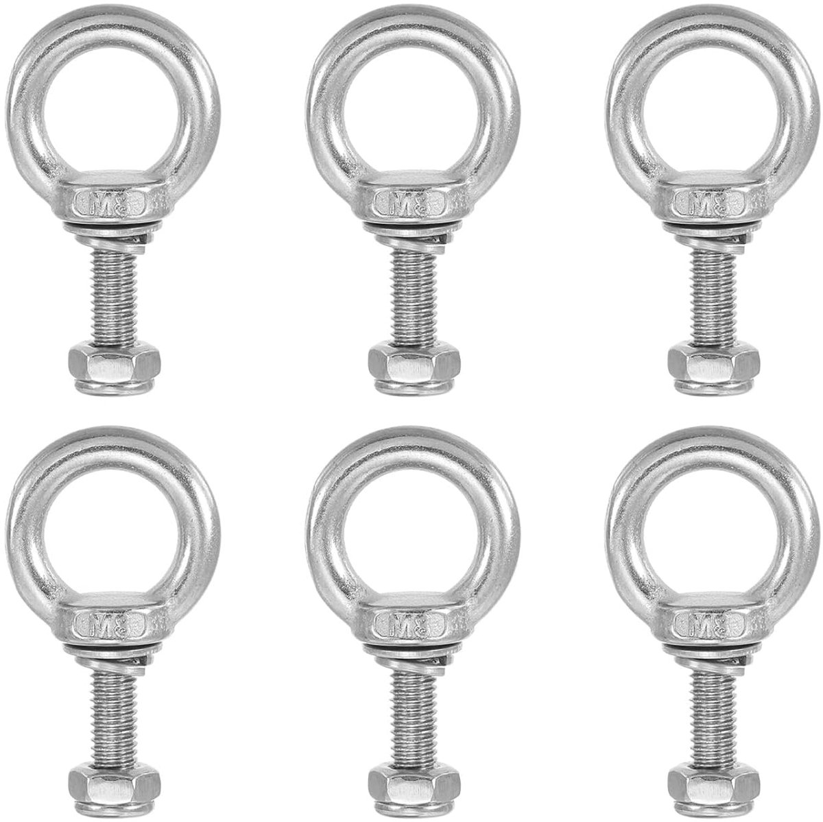 Ringoogschroeven, M8x35 buitendraad roestvrij staal 304 met afdichting zeskantmoer platte sluitringen voor het ophangen van ketting metalen kabel, 6 sets