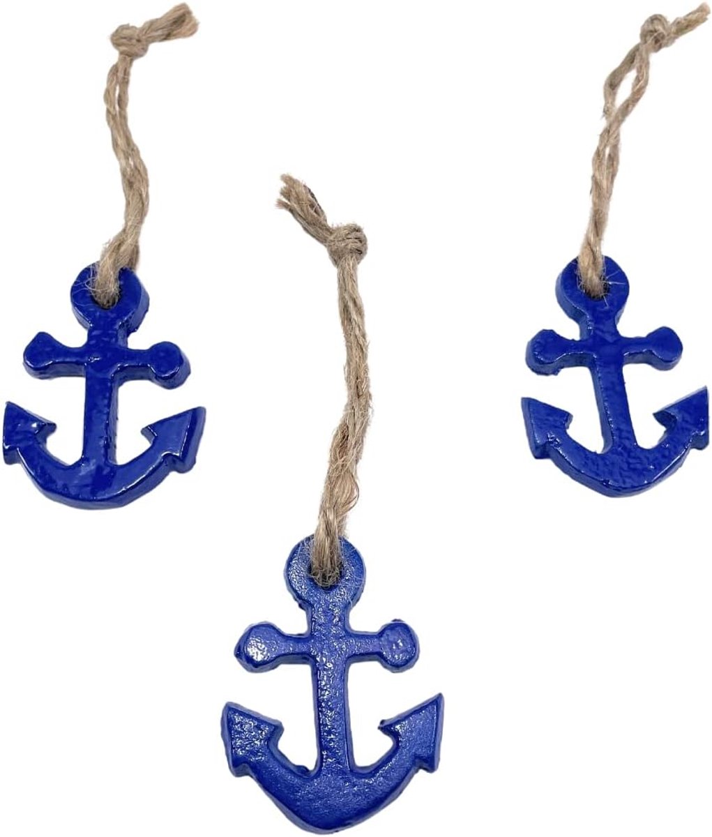 3 x ankerhangers van gelakt metaal elk ca. 5,5 x 4 cm met jute lint voor decoraties (blauw glanzend)