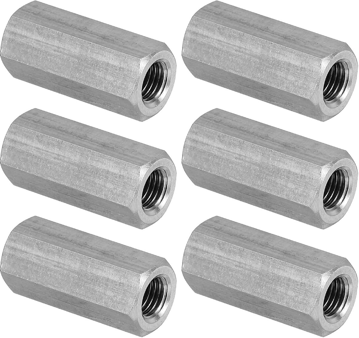 M8 x 1-pitch 304 roestvrij stalen zeskantige koppelingsmoeren, 6 stuks 30 mm lengte volledige schroefdraad stangkoppelingsmoer verbindingselementen, zilverkleurig
