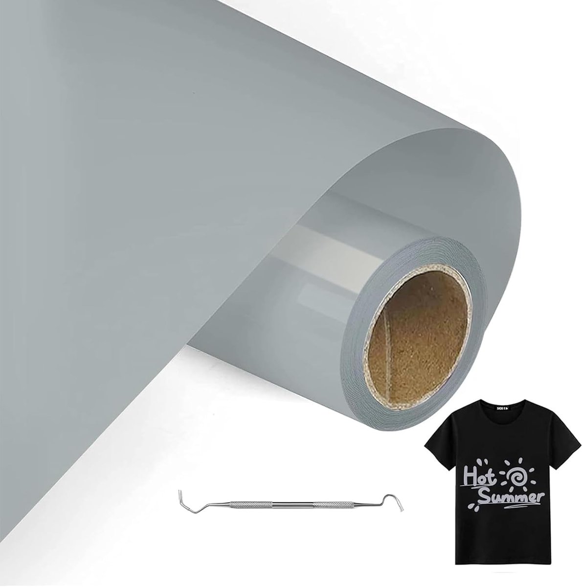 Grijs Opstrijkbare Vinylrol Voor Stoffen, 30.5cm x 600cm Iron On Heat Transfer Vinyl met Wiedgereedschap, Warmteoverdracht Vinyl, Opstrijkbare Flex Voor Stoffen, T-Shirts (Grijs)