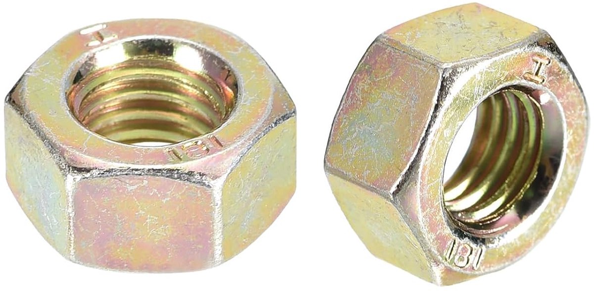 Zeskantmoeren (M8 x 1,25 mm) 100 stuks, zeskantmoeren van verzinkt koolstofstaal met metrische grove schroefdraad, doe-het-zelf huisreparatiemachines, geel verzinkt