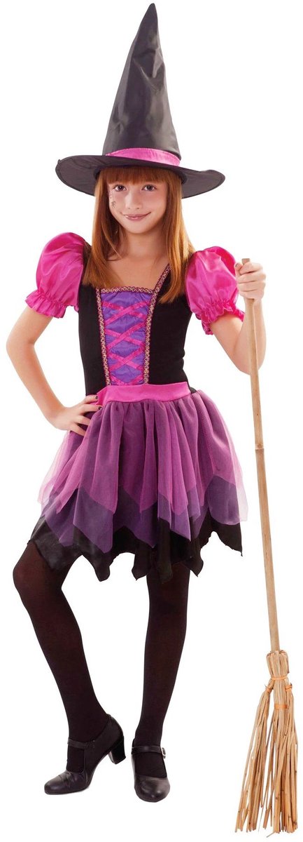 Witbaard Verkleedjurk Heks Lila Polyester Zwart/roze Maat 122-140