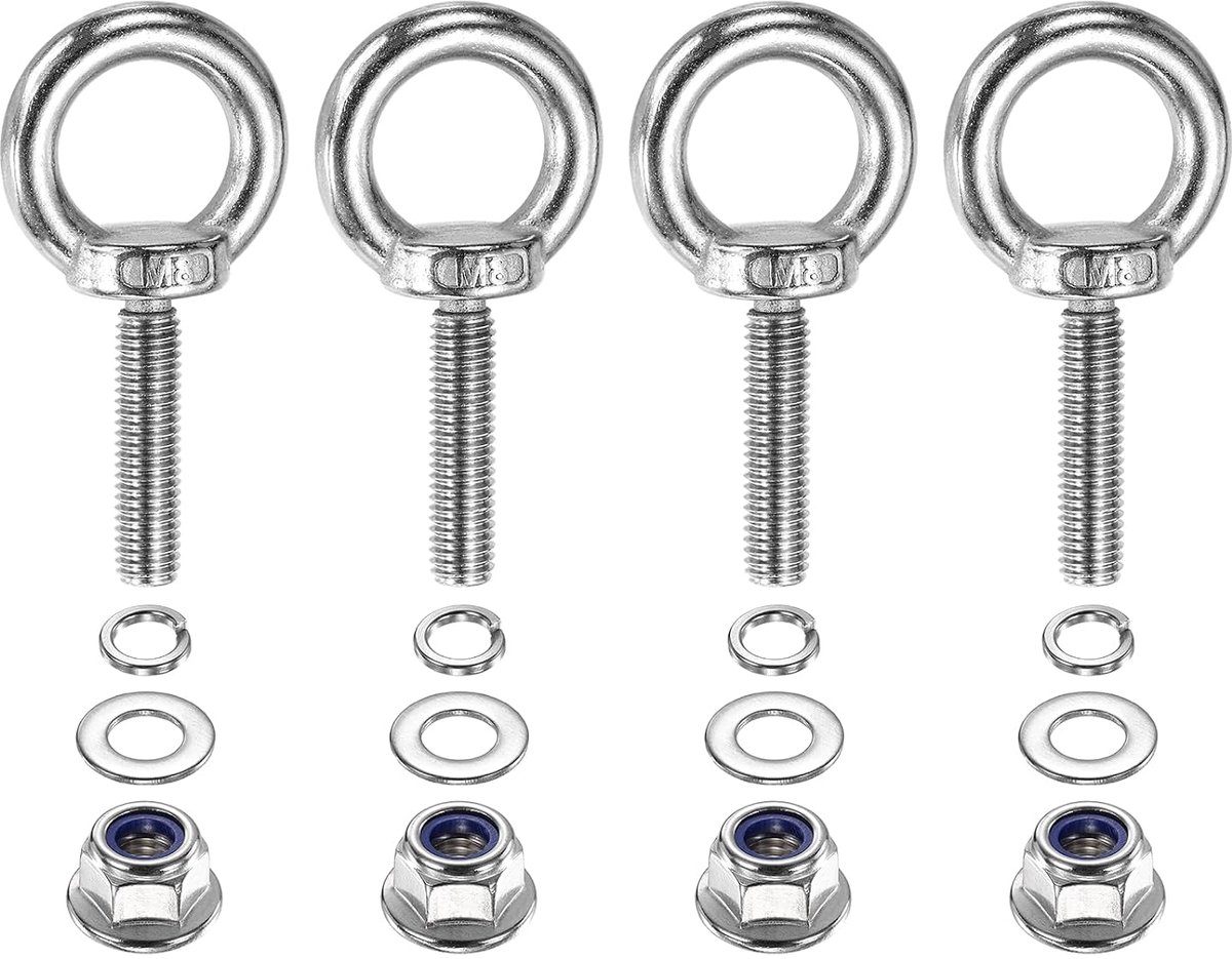 Ringbout M8 x 35 mm met schouder 4 stuks van roestvrij staal 304 met flensmoer en sluitringen voor ophanging en bevestiging binnen en buiten