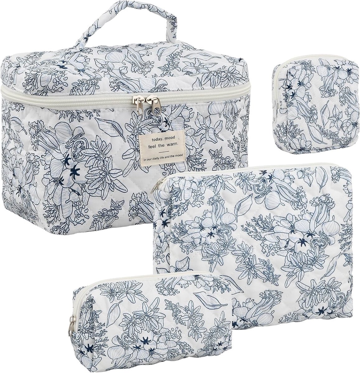Make-uptas voor dames met bloemenpatroon, 4-delige set, toilettas, katoen, reizen, make-uptas, draagbaar, multifunctioneel, voor dames, meisjes, cosmetica, make-uptafel