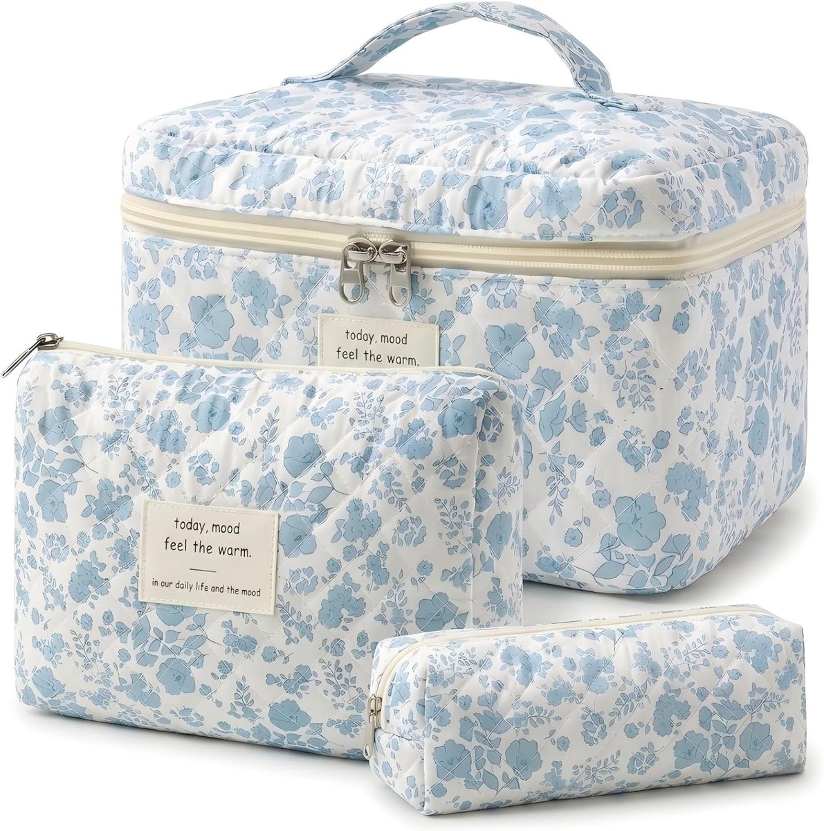 Tas, 3-delige set, toilettas voor dames met bloemenpatroon, gewatteerde toilettas, draagbare make-uptas voor reizen en dagelijks gebruik, make-uptas voor vrouwen en meisjes
