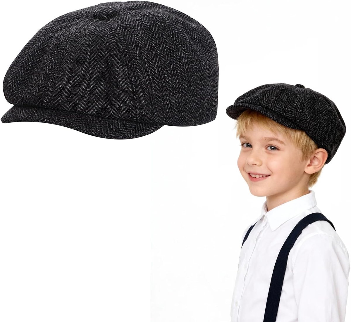 Pet voor jongens en meisjes van 6 - 9 jaar oud, zwart-grijs, klassieke pet voor kinderen, kunstenaars, hoed voor dagelijks dragen, scoool, spelen, Victoriaanse stemming en fancy dress-party