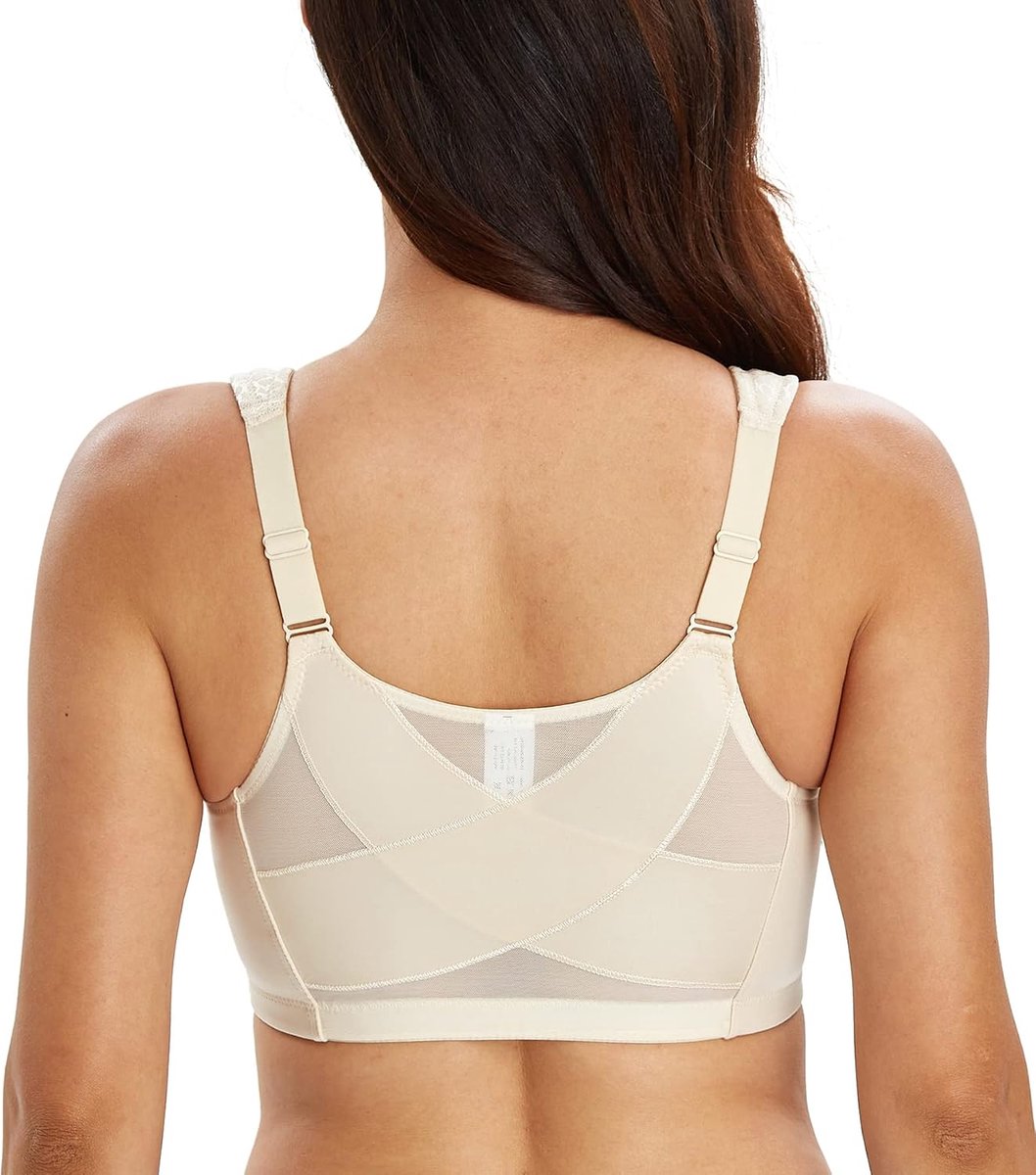 Dames comfort sterke grip vooraan Vershcluss rugsteun ongevoerd zonder beugel klassieke beha,Beige,85C