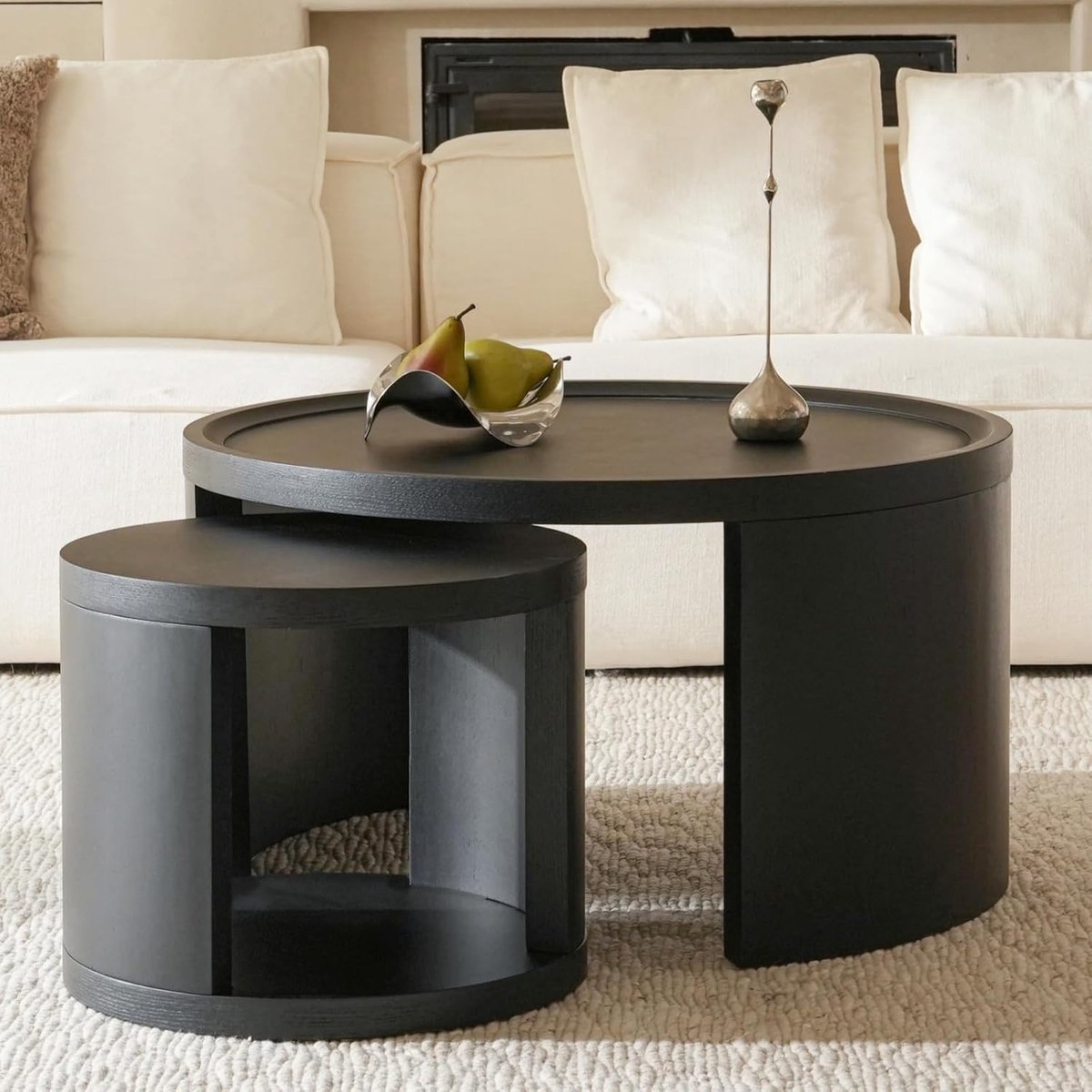Rond set van 2, verhoogde rand, Ø80/46cm, zwart | Ronde woonkamertafel, salontafel, ruimtebesparend in elkaar schuiven, flexibel apart te gebruiken