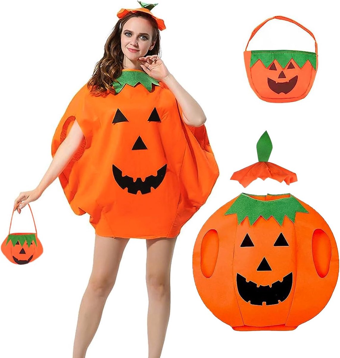 Halloween-kostuum voor Kinderen - Pompoenkostuum Met Hoed en Snoepzakjes voor Cosplay, Feest, Carnaval, Maskerade
