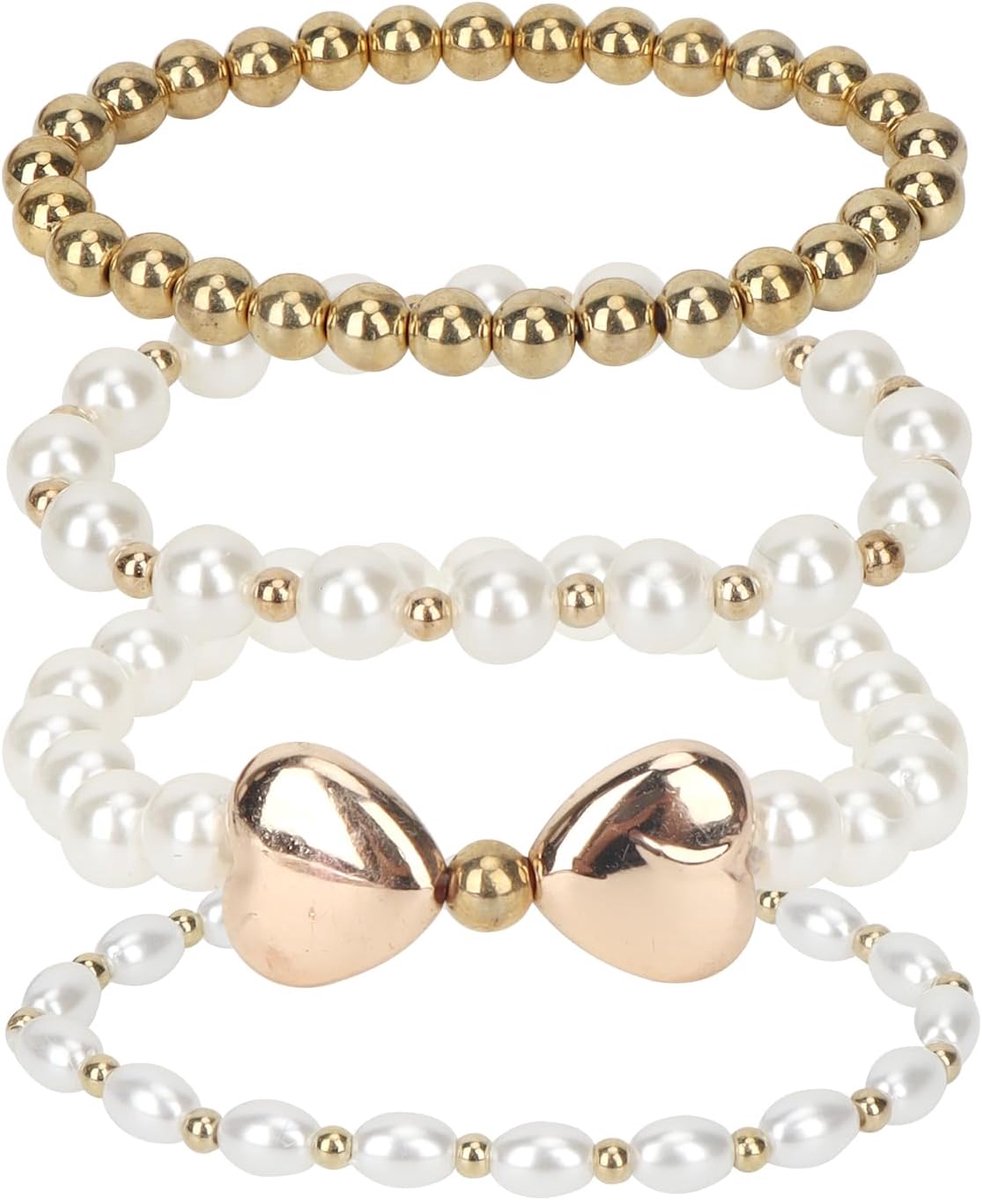 Armbandset voor dames, 4 stuks gouden parelarmbanden in verschillende stijlen, imitatieparels en gouden bolletjes, verstelbare gevlochten hartvormige armbanden