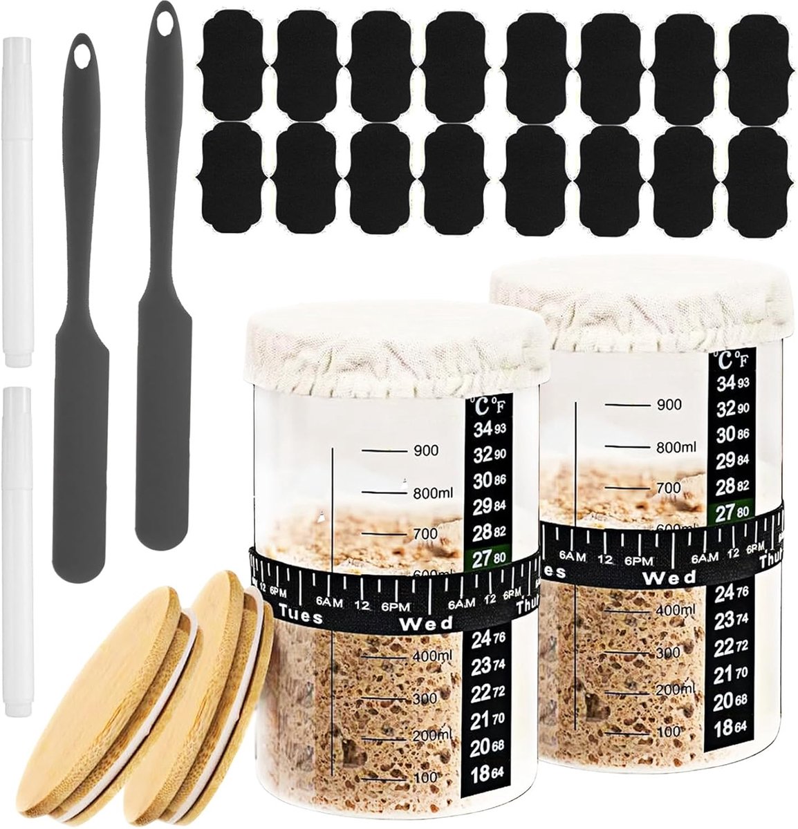 Starterset glas 2x 1000ml, met deksel spatel & thermometer | Gaarglas zuurdeeg met broodbakaccessoires voor zuurdeeg en gisting, hittebestendig glas, ideaal voor thuis bakken