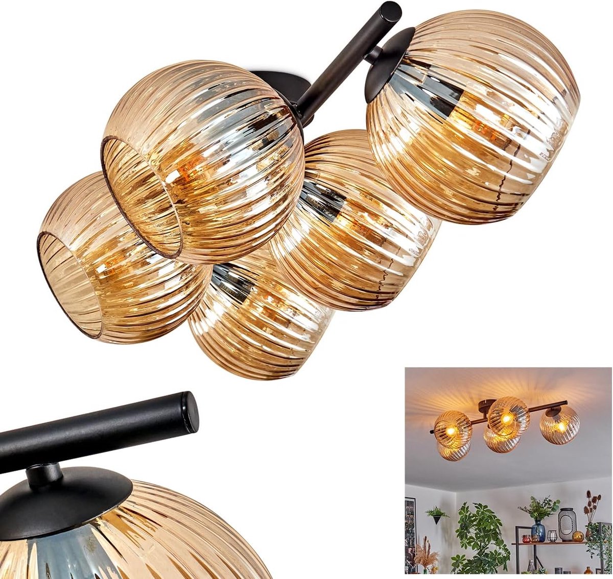 Plafondlamp Gastor, 5-lichts plafondlamp van metaal/gefreesd glas in zwart/amber kleur, armatuur in retro/vintage design (kappen Ø 15 cm), E14, eetkamer, woonkamer, keuken, hal