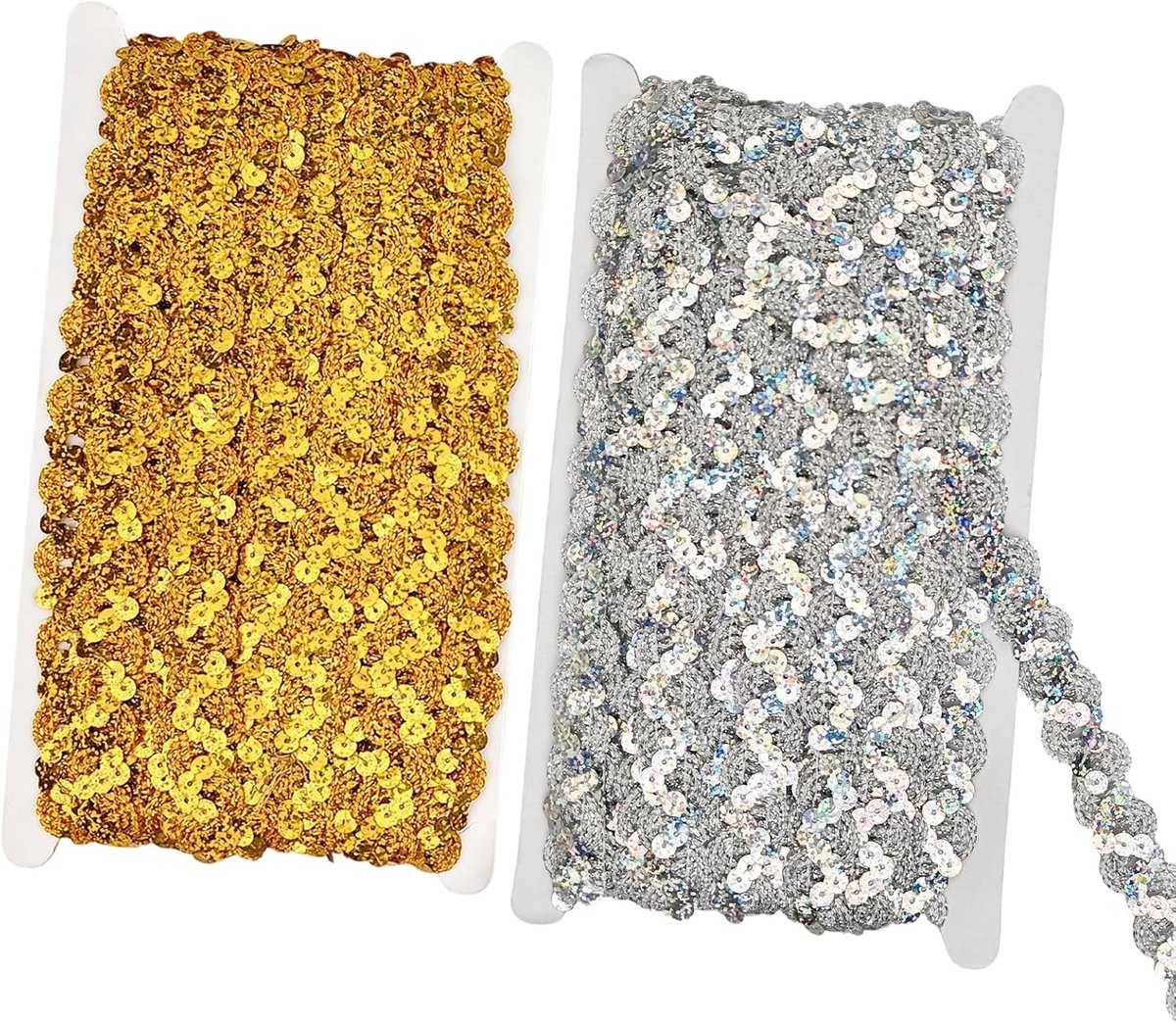 15 mm paillettenband, paillettenband, paillettenband, elastisch lint, paillettenkoord voor knutselen, naaien, kostuums, handwerk (goud, zilver)