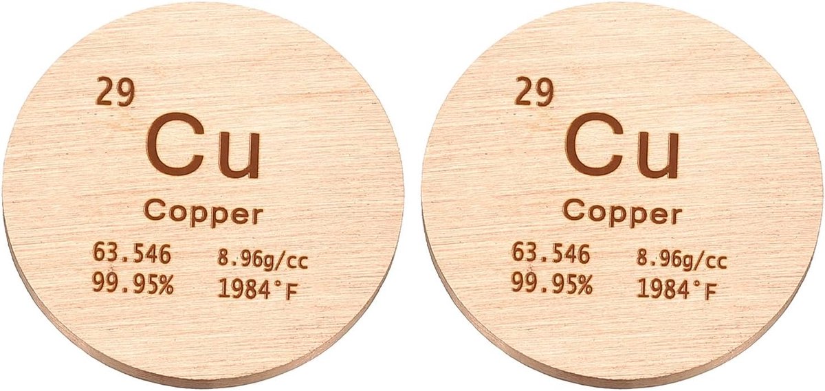 2 stuks koperen schijf, 1 inch Cu Dichtheid Cirkel Vellen Platen Hoge Dichtheid Element Cube Unieke Metalen Periodiek Systeem voor Collecties Lab Experiment Chemie Leraar Wetenschappelijk
