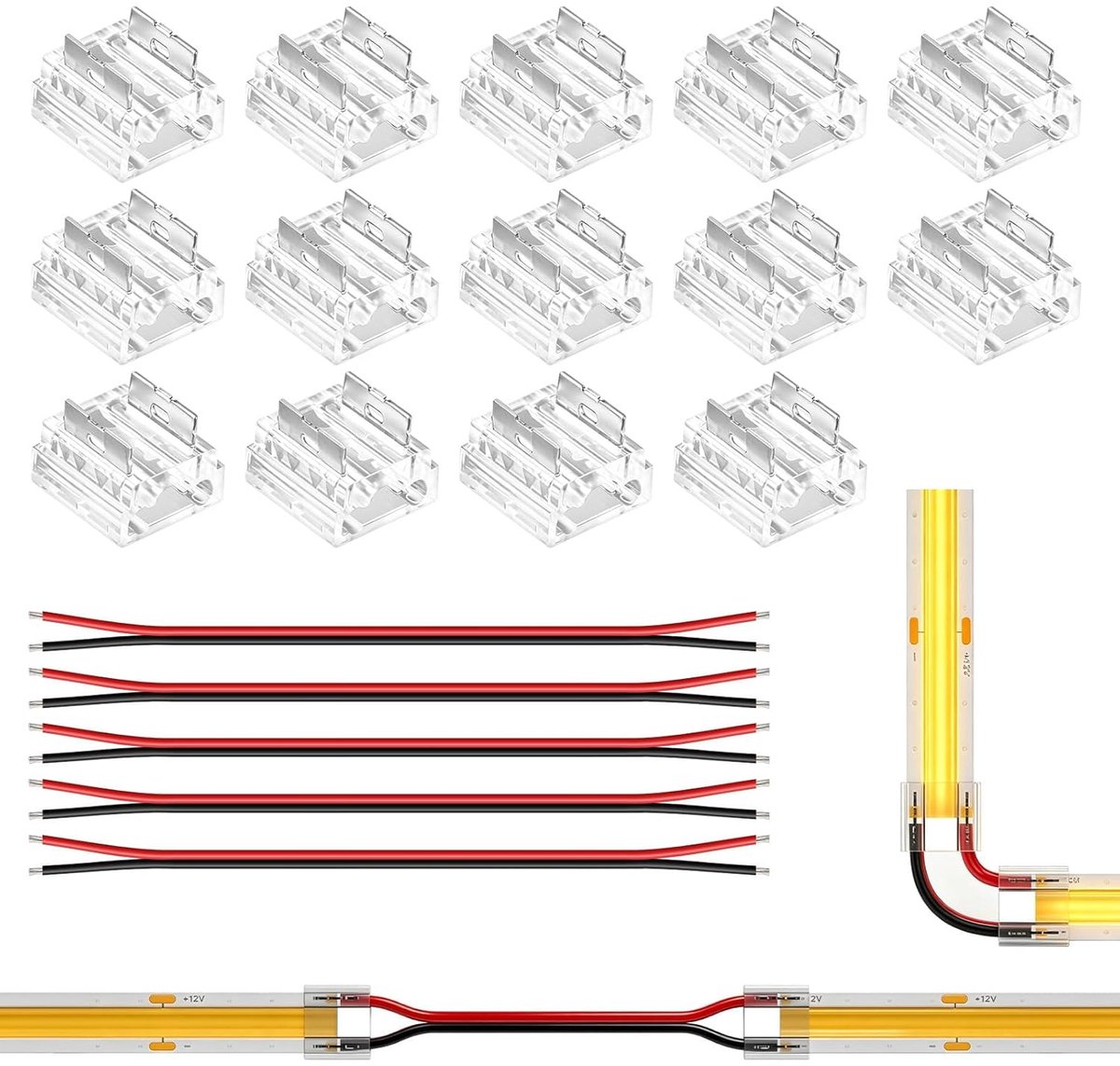 COB 8 mm transparante connectorkit, 14 stuks, 5 stuks 15 cm lange verlengkabel, voor solderen zonder sleuf en hoekverbindingen van strips