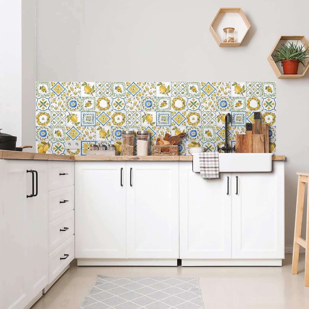 Spatbescherming voor in de keuken, 60 x 58 cm, glanzend effect, 1 mm dik en stijf, moeilijk ontvlambaar, hittebestendig en waterbestendig, kleur citroen