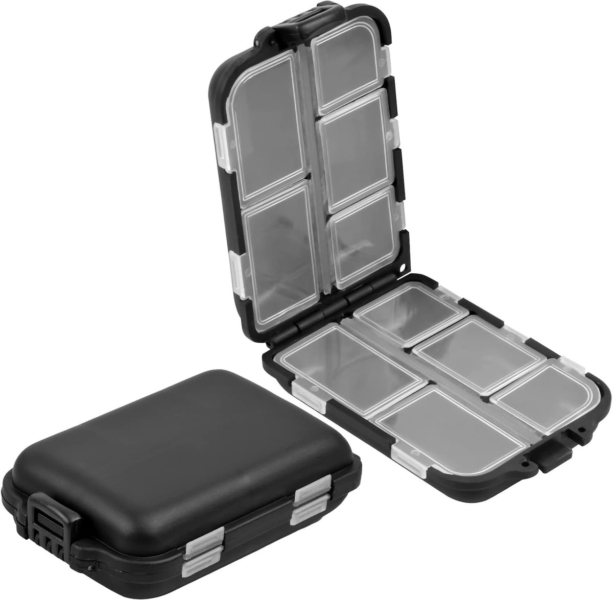 2 stuks aasdozen, 10 waterdichte compartimenten haakcontainers, plastic dozen voor visaccessoires, zwart