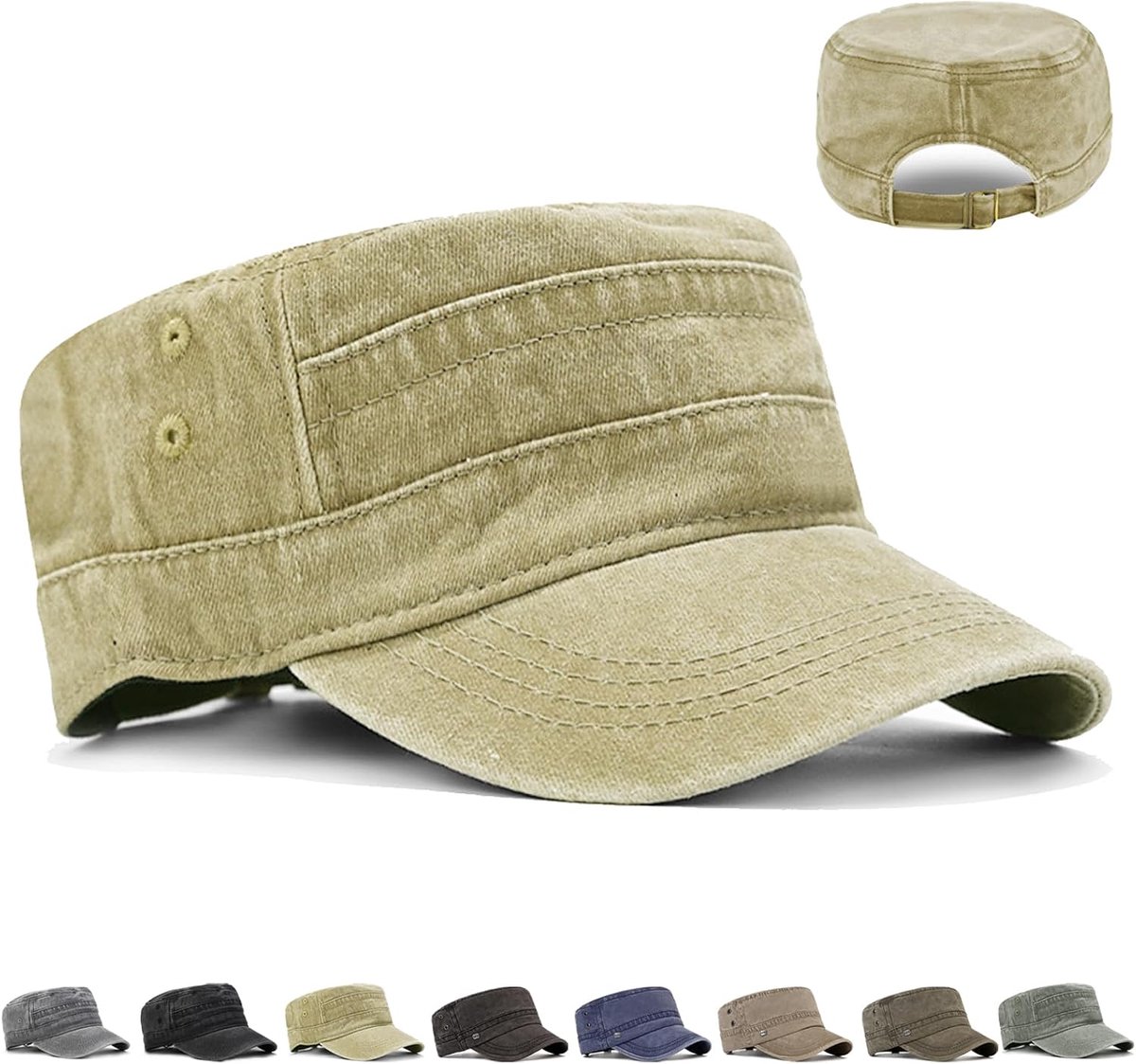 hoed in militaire stijl, militaire pet, casual, sport, vintage, baseballpet, verstelbaar, plat vizier van 100% katoen, voor hoofdomtrek 55-59 cm, Kaki, 55/59 cm