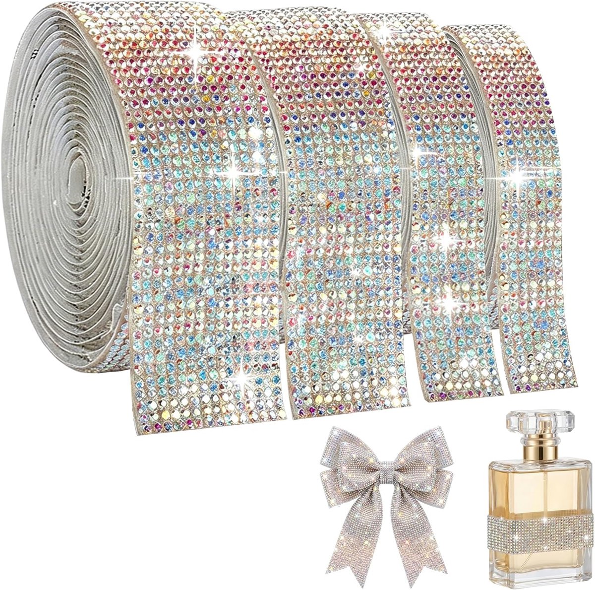 4 rollen zelfklevende strass-band, 0,91 m/rol bling glitterstenen, zelfklevend, doe-het-zelf decoratie, diamantband, 4 rollen in 4 maten (kleurrijk)