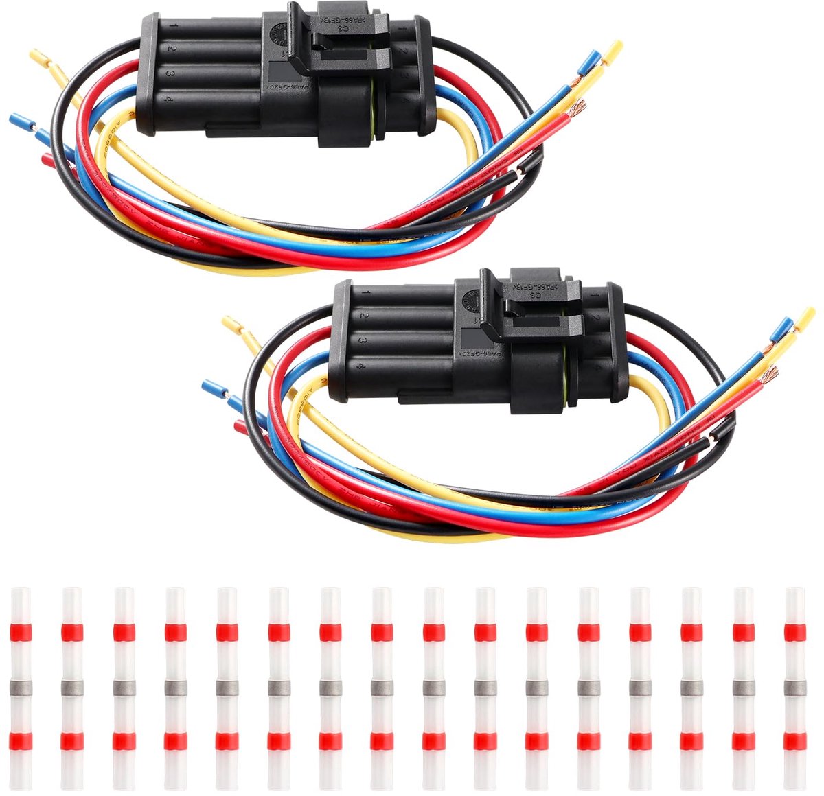 2 Sets 4 Pins Stekker Waterdichte Kit met 20 AWG-Draad, Waterdichte Snelkoppeling, Auto Waterdichte Stekker Elektrische Stekkerset, met 16 Stuks Soldeeraansluitingen, voor Auto Voertuig Boot