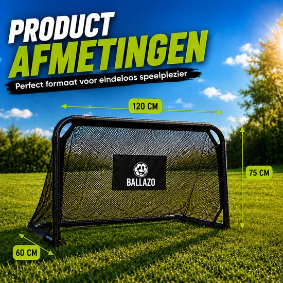 Voetbaldoel met afmetingen 120 cm breed, 75 cm hoog en 60 cm diep. Zwart net.