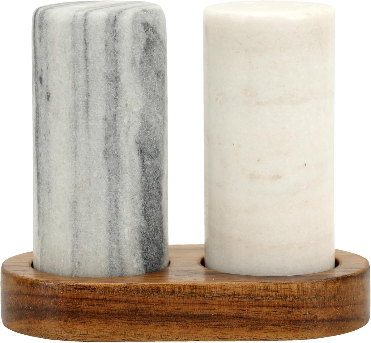 Zout- en pepershakerset met acaciahouten houder - echte grijze en witte marmeren cilindrische shakers voor keukenplank, tafel of kruidenrek - 4,4 cm x 9,5 cm elk