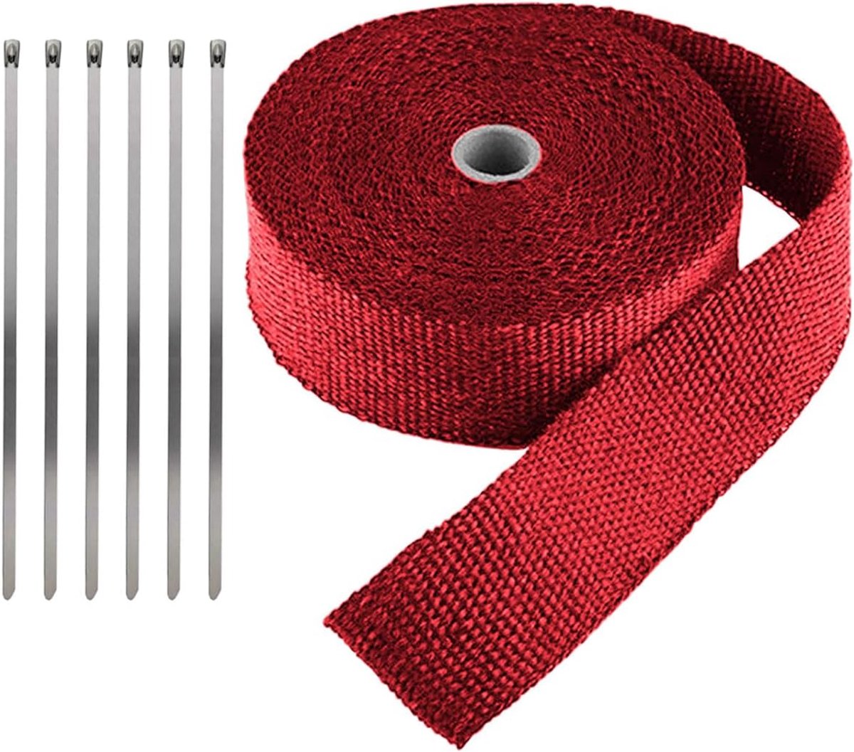 uitlaatband, glasvezel, uitlaatspruitstuk, voor motorfiets, thermische isolatie, bescherming, rood, 5 cm x 5 m met 6 bevestigingen