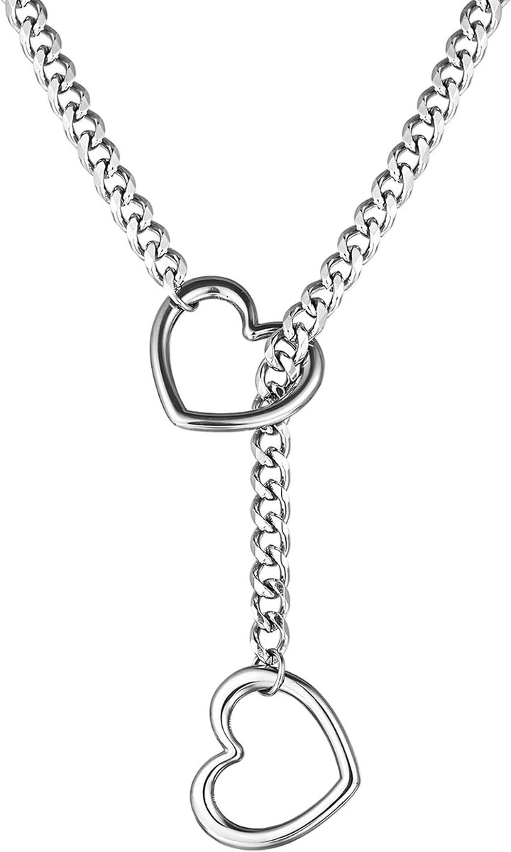 Halsketting van roestvrij staal, uniseks, verstelbare Y-ketting met hartvormige hanger en O-ring, punk rock, gothic, hiphop-sieraden voor dames en heren, duurzaam en allergievrij (zilver)
