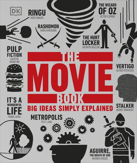 Boekomslag voor 'The Movie Book: Big Ideas Simply Explained' van DK, met iconische beelden uit bekende films.