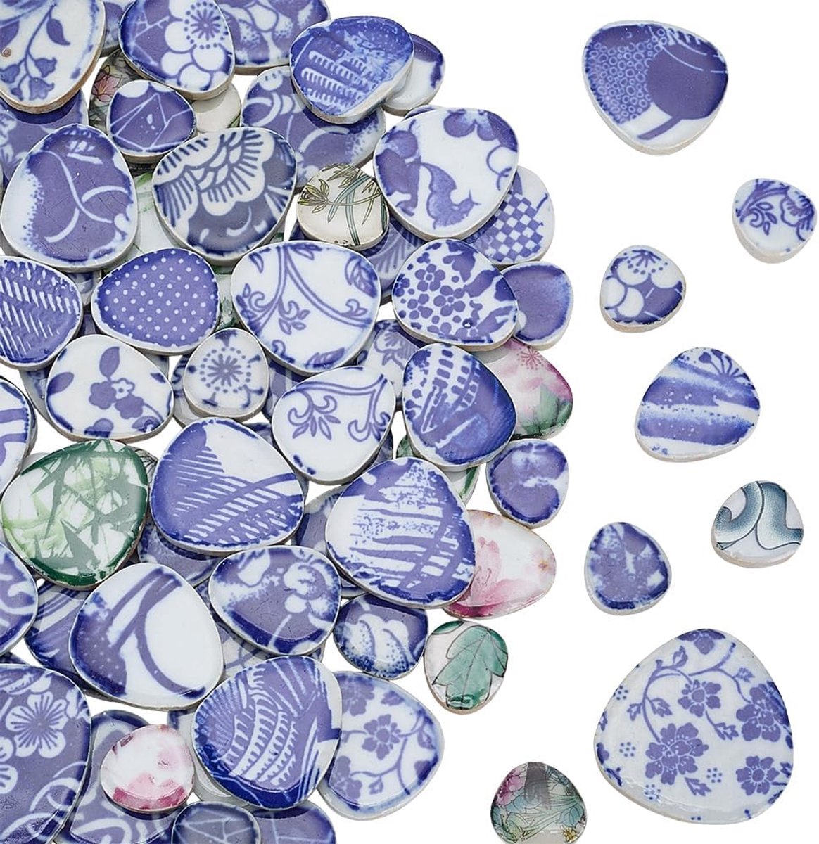 Mozaïektegels van gebroken Chinees porselein, 500 g, onregelmatige delen, blauw en wit mozaïek, Chinese keramische tegels, voor knutselwerk, fotolijsten, borden, bloempot