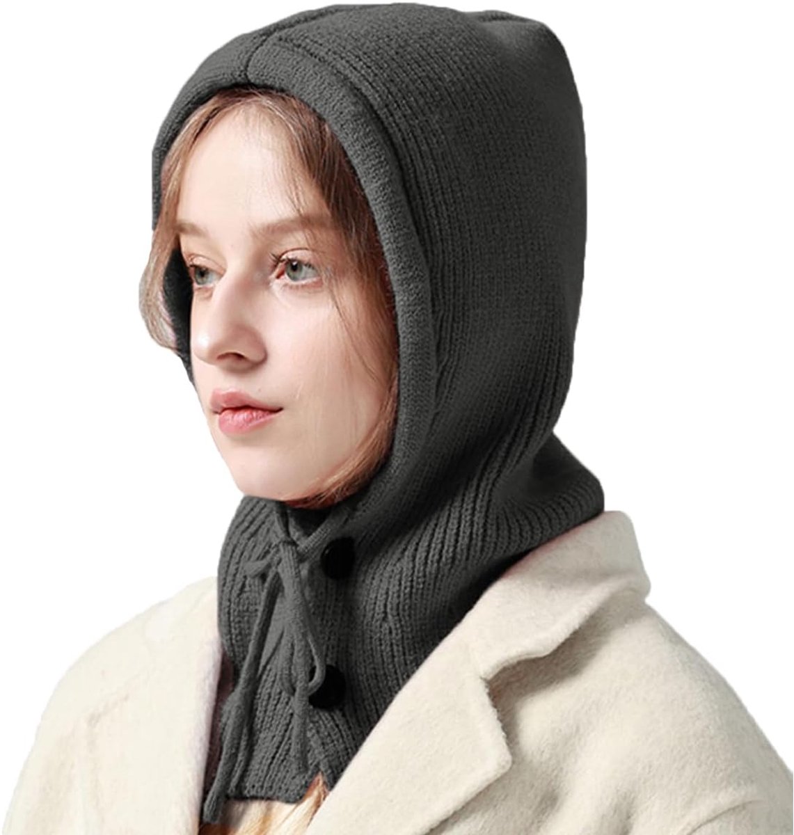 Gebreide bivakmuts voor dames, warm, wintermuts, modieus, zacht, huidvriendelijk, nekwarmer, winddichte capuchon voor dames, fietsskimasker, gebreide gezichtsafdekking voor sport in de open