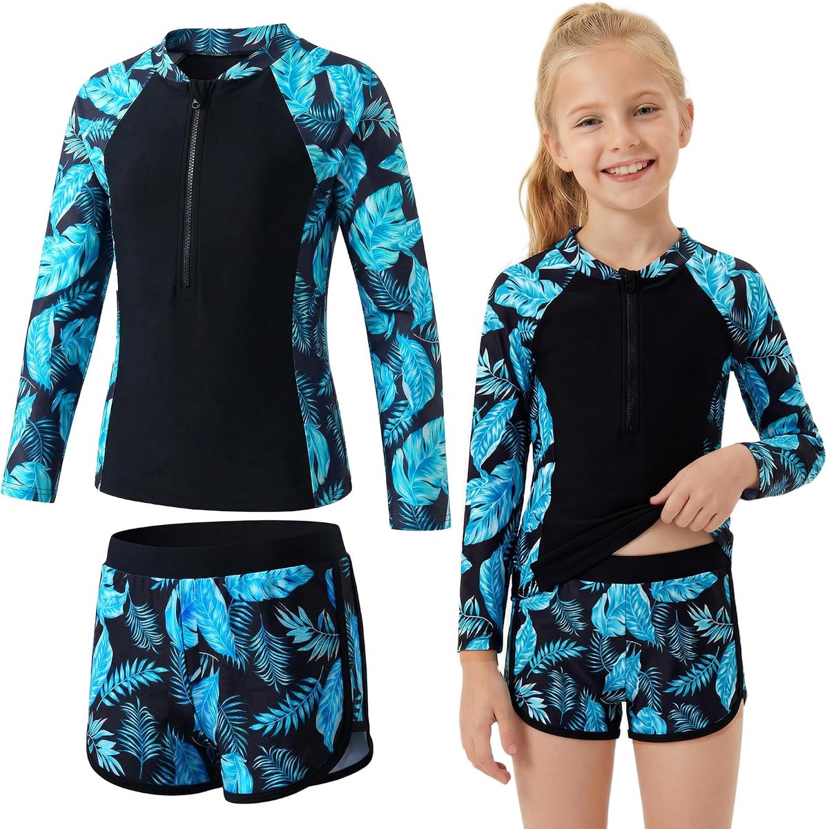 Meisjes rashguard-set: tweedelige zwemkleding met lange mouwen en zonbescherming, met uitneembare vullingen, zwemtop met bloemenpatroon en halve rits & zwemshort, zwempak voor 5-12 jaar