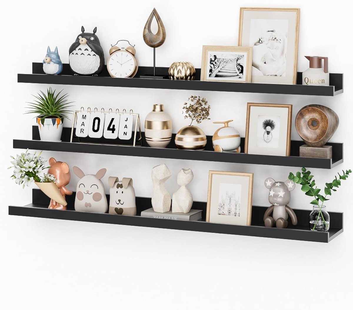 Zwevende wandplanken van MDF-hout, 90 cm, voor fotolijsten en decoraties, industrieel design, geschikt voor kantoor, woonkamer en keuken (zwart, 90 cm)