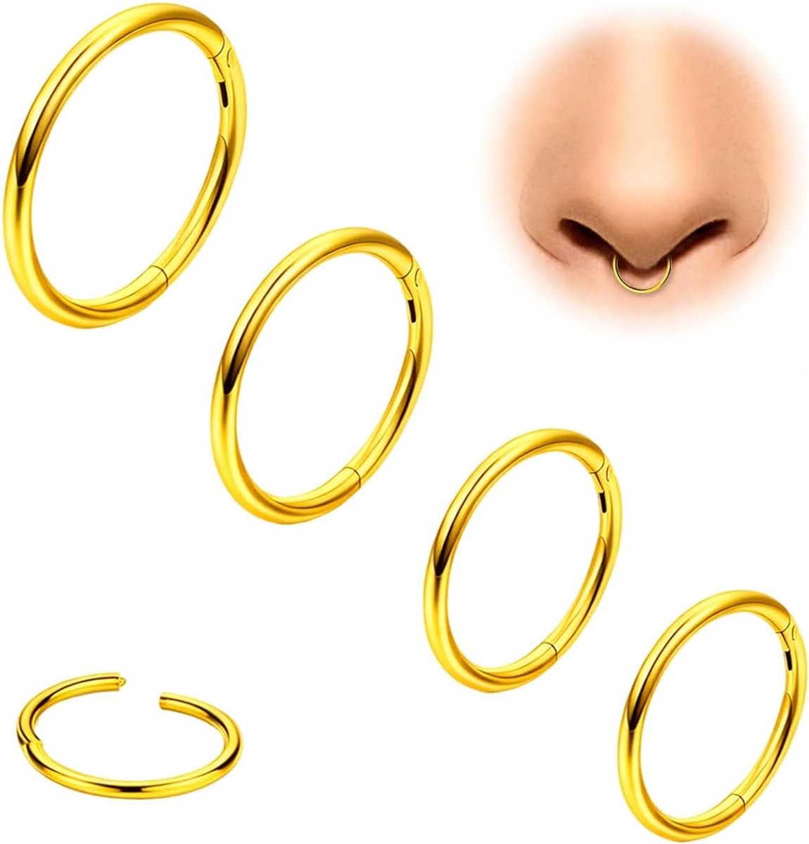4 stuks, chirurgisch staal, 316L, neuspiercing, damesring, 6/8/10/12 mm, neuspiercing, neuspiercing, hypoallergeen (goud)