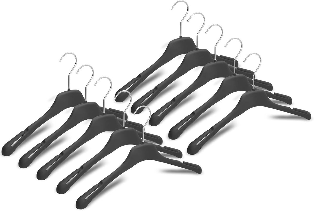 Ruimtebesparende rubberen kleerhangers voor overhemden, T-shirts, overhemdjurken, lichte antislip kleerhangers, met klep, smalle schouders, Made in Italy, set van 10 stuks (zwart met