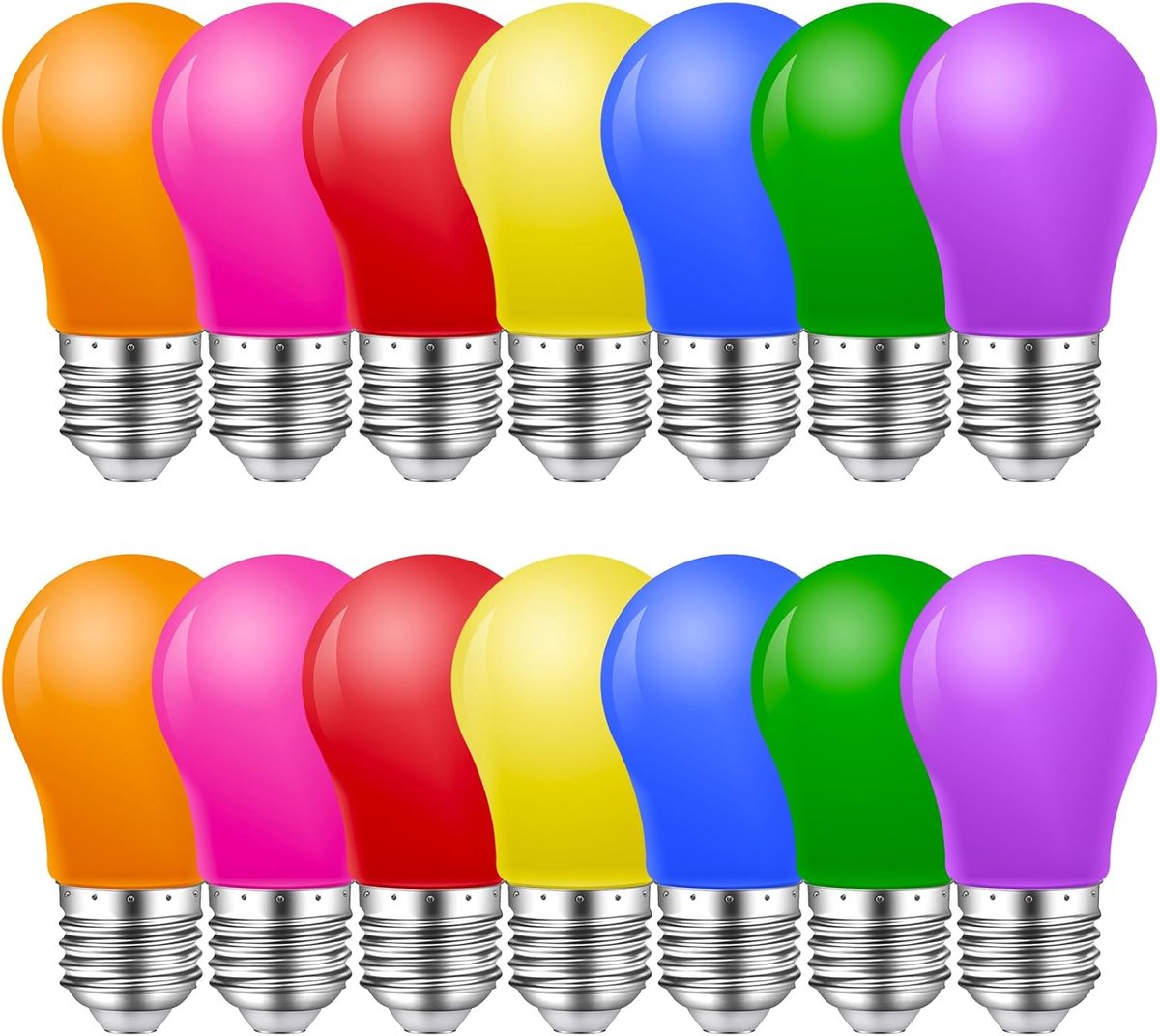 Set van 14 kleurrijke gloeilampen, E27, 2 W, gekleurde gloeilampen, E27, voor buiten, voor lichtketting, feest, kerstdecoratie, rood, groen, blauw, oranje, geel, roze, paars