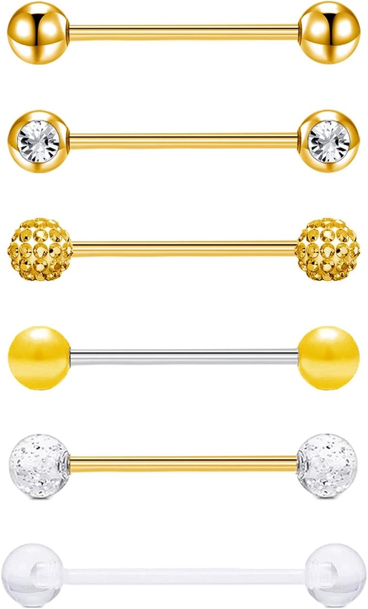 Tongpiercing van chirurgisch staal, 16 mm, staaflengte, 14 G, verschillende balletjes, zilver, zwart, goud, 6 stuks