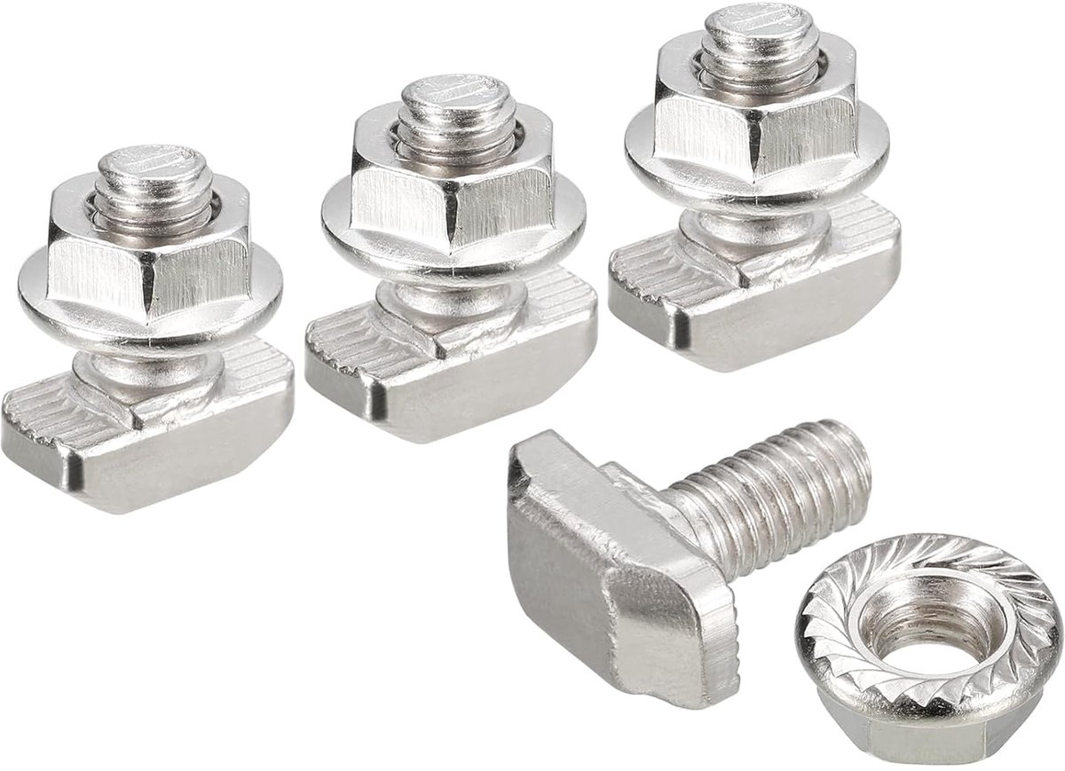 T-schroeven in M6 x 12 mm en flensmoer M6, 20 sets glijbouten met T-vormige pen met hamerkop voor aluminium profiel uit de serie 30
