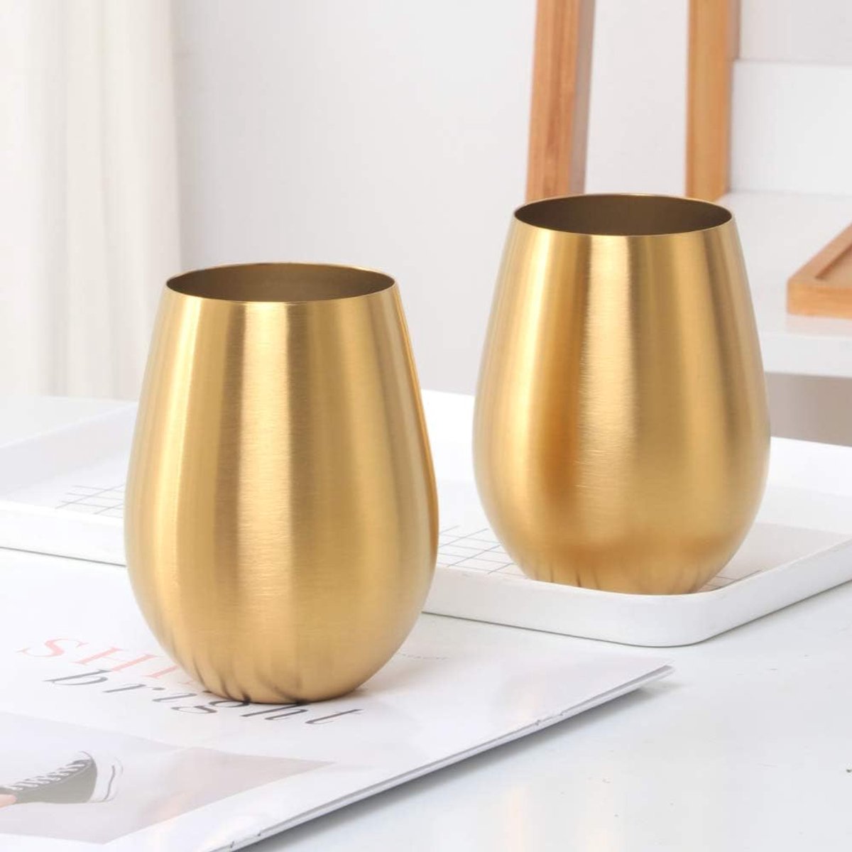 Wijnglazen set van 2 - RVS gouden stem - duurzaam en stevig - perfect voor buitengebruik - ShopVlot