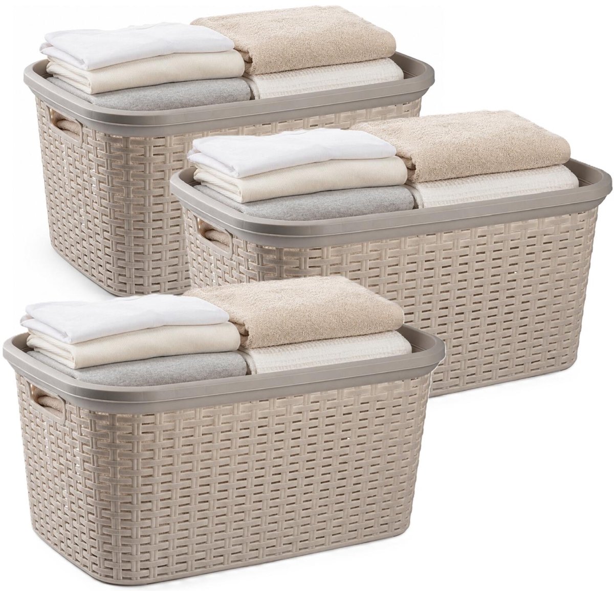 Plasticforte Wasmand - 3x - 35 liter - rotan - beige - kunststof - 53 x 36 x 26 cm - draagmand - met handvatten - lichtgewicht