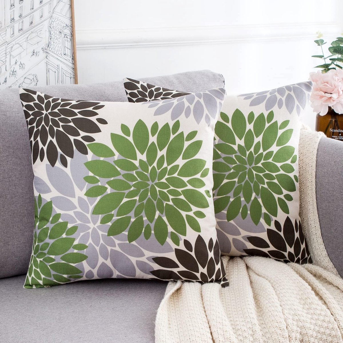 Cushion Covers 45 x 45 cm - Dahlia Bloemen - Modern Groen en Grijs - Perfect voor Woonkamer - ShopVlot