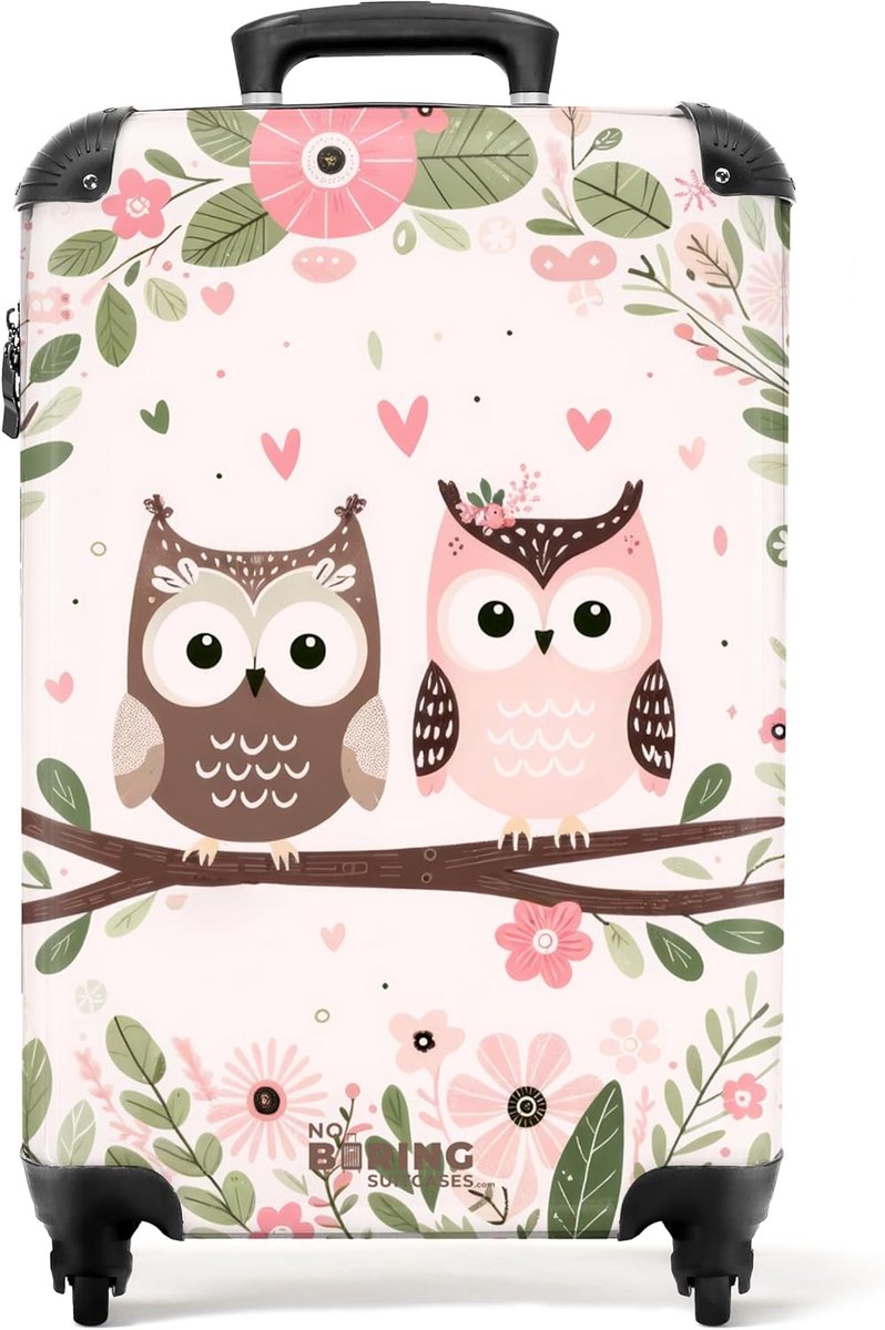 Handbagage koffer 55x40x20 cm - Kindersuitcase met wielen - Roze en bruine uil - Ideaal voor veilig reizen - ShopVlot