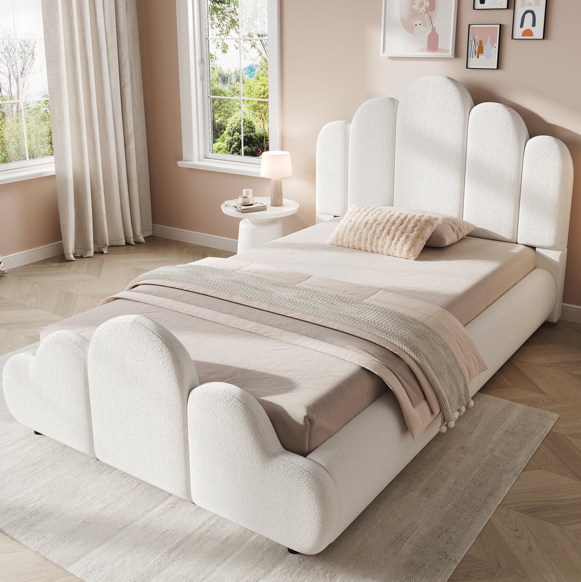 MIVRAY Eenpersoonsbed 90 x 200 cm Zonder Matras - Gestoffeerd Bed Met Lattenbodem En Afgeronde Hoeken - Bouclé - Beige
